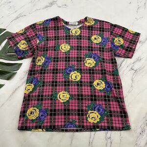 So-En Womens Vintage 90s Tee Size L Pink Yellow Plaid Rose Floral Short Sleeve